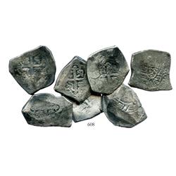 Lot of 7 Mexico City, Mexico, cob 8 reales, Philip V, assayers not visible, average specimens.