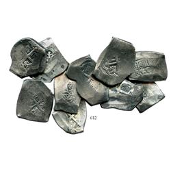 Lot of 10 Mexico City, Mexico, cob 8 reales, Philip V, assayer D visible on one, average specimens.