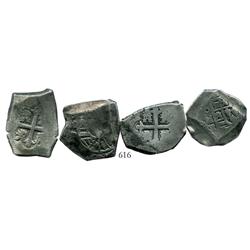 Lot of 4 Mexico City, Mexico, cob 4 reales, Philip V, assayers D and R, good specimens.