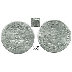 Guatemala, pillar 2 reales, Charles III, 1765P, with T countermark above worlds, rare.