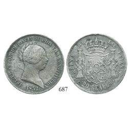 Seville, Spain, bust 20 reales, Isabel II, 1852.