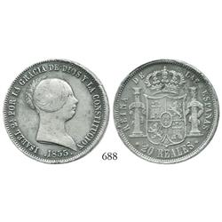 Seville, Spain, bust 20 reales, Isabel II, 1855.