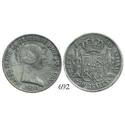 Seville, Spain, bust 10 reales, Isabel II, 1854.
