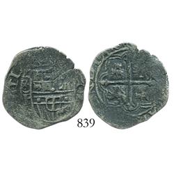 Mexico City, Mexico, cob 2 reales, Philip II or III, assayer F, variety with 8-F to left, 3 small ca