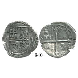 Mexico City, Mexico, cob 2 reales, Philip II or III, assayer F, variety with 3 small castles in each