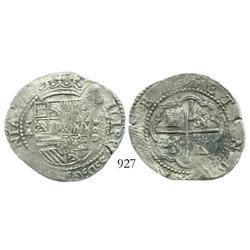 Lima, Peru, cob 4 reales, Philip II, assayer Diego de la Torre, P-4 to left, *-oD to right.