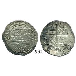 Lima, Peru, cob 2 reales, Philip II, assayer Diego de la Torre, *-ii to left, P-oD to right.