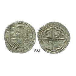 Lima, Peru, cob 2 reales, Philip II, assayer Diego de la Torre, P-ii to left, *-oD to right.