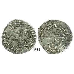 Lima, Peru, cob 2 reales, Philip II, assayer Diego de la Torre, P-ii to left, oD-* to right.