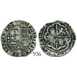 Lima, Peru, cob 1 real, Philip II, assayer Diego de la Torre, *-I to left, P-dot-D to right.