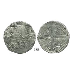 Potosi, Bolivia, cob 8 reales, Philip II, assayer B (3rd period).