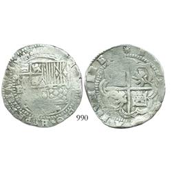 Potosi, Bolivia, cob 8 reales, Philip II, assayer B (5th period), borders of boxes.