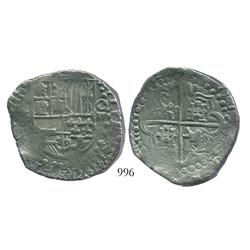 Potosi, Bolivia, cob 8 reales, (16)22(T), quadrants of cross transposed, scarce as non-salvage.