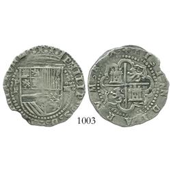 Potosi, Bolivia, cob 4 reales, Philip II, assayer R (Rincon, P-R to left).