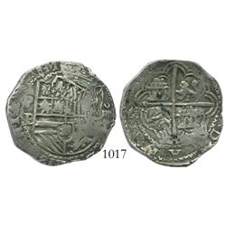 Potosi, Bolivia, cob 4 reales, Philip II, assayer B (5th period), borders of x's.