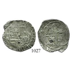 Potosi, Bolivia, cob 2 reales, Philip III, assayer R (straight-leg R), scarce variety.