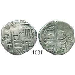 Potosi, Bolivia, cob 2 reales, Philip IV, q*T (backwards-P mintmark), quadrants of cross transposed