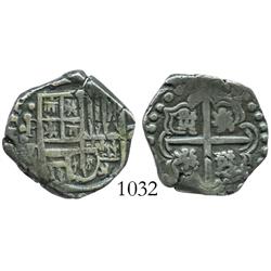 Potosi, Bolivia, cob 2 reales, Philip IV, assayer T (late 1620s).