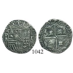Potosi, Bolivia, cob 1 real, Philip II, assayer B (3rd period).