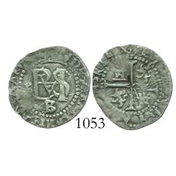 Potosi, Bolivia, cob 1/2 real, Philip II, P to left, assayer B/L below monogram.