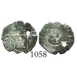 Potosi, Bolivia, cob 1/4 real, Philip II, assayer B (B to left of castle, P to right), rare.