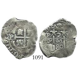 Potosi, Bolivia, cob 2 reales, 1680V.