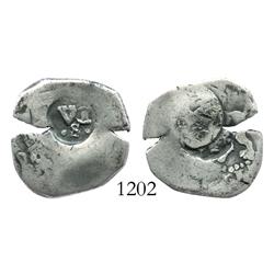 Seville, Spain, 6 maravedis, countermark VI over dot-S-dot (1636) struck on a silver-plated copper 2