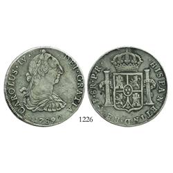 Potosi, Bolivia, bust 8 reales, Charles IV transitional (bust of Charles III, ordinal IV), 1789PR.