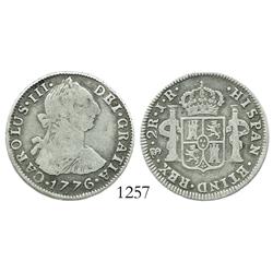 Potosi, Bolivia, bust 2 reales, Charles III, 1776JR, desirable date.