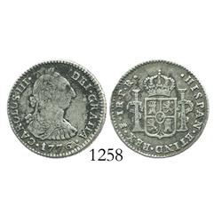 Potosi, Bolivia, bust 1 real, Charles III, 1776PR, desirable date.
