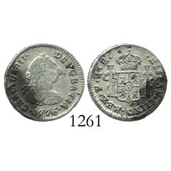 Potosi, Bolivia, bust 1/2 real, Charles III, 1776JR, desirable date.