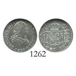 Potosi, Bolivia, bust 1/2 real, Charles IV, 1808PJ, ex-Whittier collection, encapsulated NGC MS-63.