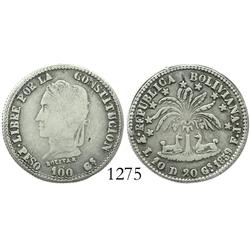 Potosi, Bolivia, 2 soles, 1859FJ, with weight and fineness in legend.