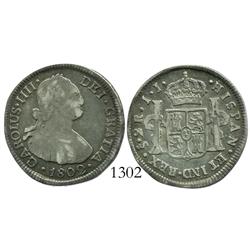 Santiago, Chile, bust 2 reales, Charles IV, 1802JJ.