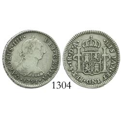Santiago, Chile, bust 1 real, Charles IV transitional (bust of Charles III, ordinal IIII), 1791DA.