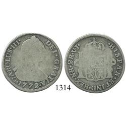 Bogota, Colombia, bust 2 reales, Charles III, 1772VJ.