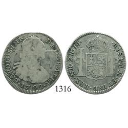 Bogota, Colombia, bust 2 reales, Charles IV, 1792JJ, rare.