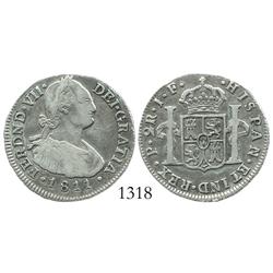 Popayan, Colombia, bust 2 reales, Ferdinand VII (bust of Charles IV), 1811JF.