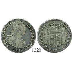 Bogota, Colombia, bust 2 reales, Ferdinand VII (bust of Charles IV), 1819FJ.