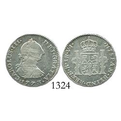 Bogota, Colombia, bust 1 real, Charles III, 1773VJ.