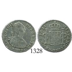 Bogota, Colombia, bust 1 real, Charles IV, 1799/99JJ.