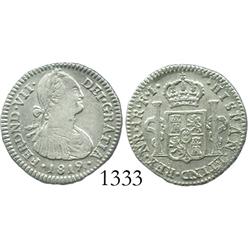 Bogota, Colombia, bust 1 real, Ferdinand VII (bust of Charles IV), 1819FJ (inverted J).