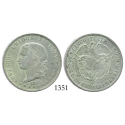 Medellin, Colombia, 5 decimos, 1886, 4 stars in reverse legend, LEI (not LEV), 0.500/0.835, rare.