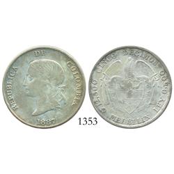 Medellin, Colombia, 5 decimos, 1887, 2/inverted 2 and 5/inverted 5 in legend, rare.