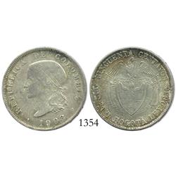 Bogota, Colombia, 50 centavos, 1908, rare grade and quality of strike, 3-year type.