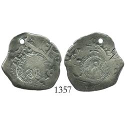 Costa Rica, 2 reales counterstamp (Type V), 1846-JB, on Potosi, Bolivia, cob 2 reales of 1731M, scar
