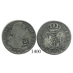 Cuba (Trinidad/Santiago/Principe), 2 reales, lattice countermark (1841) on a Madrid, Spain, milled 2