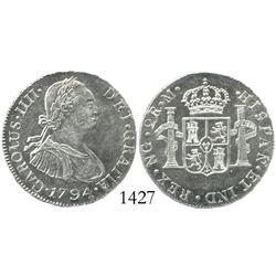 Guatemala, bust 2 reales, Charles IV, 1794M, Mint State.