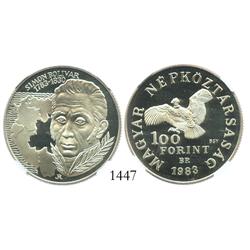Budapest, Hungary, proof copper-nickel 100 forint, Simon Bolivar, 1983-BP, encapsulated NGC PF-69 Ul