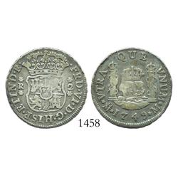 Mexico City, Mexico, pillar 2 reales, Ferdinand VI, 1749M, re-engraved o in mintmark.